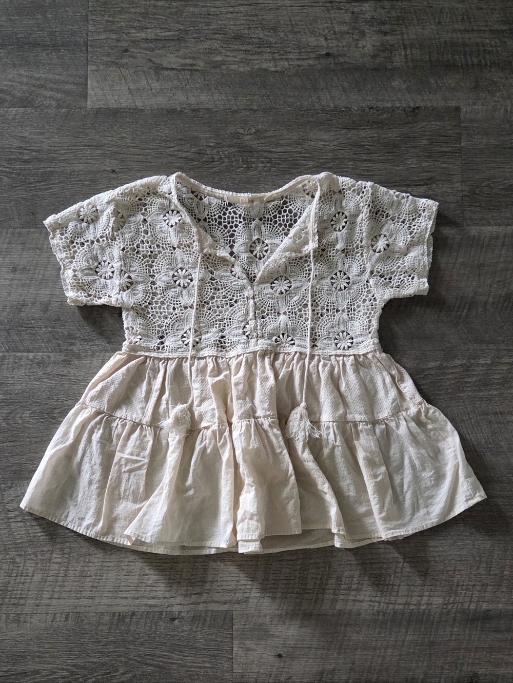 Altar'd State Cream Crochet Lace Tiered Blouse.